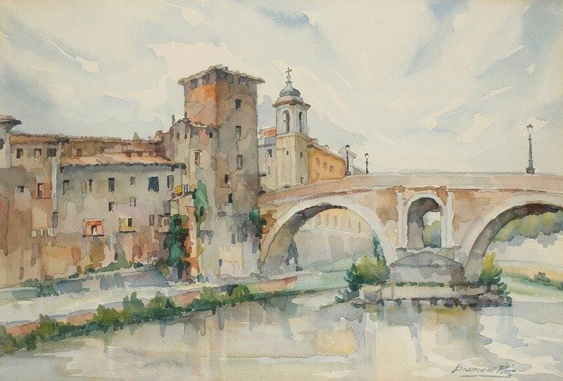 Bianconi PITTI
Habitations et pont sur la rivière en Italie Aquarelle. Signée en bas à droite. 38 x 56 cm