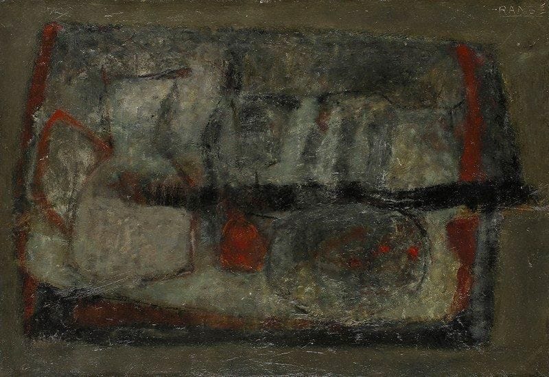 Paul RAMBIE (né en 1919)
Nature morte, fond gris Huile sur toile. Signée en haut à droite. titrée au dos. 50 x 73 cm