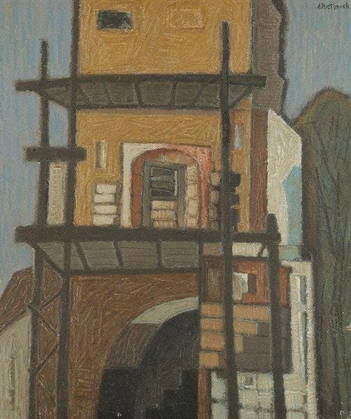 Aart F.C.H RIETBROCK (1929 - 1985)
Architecture Huile sur isorel. Signée en haut à droite. 70 x 60 cm