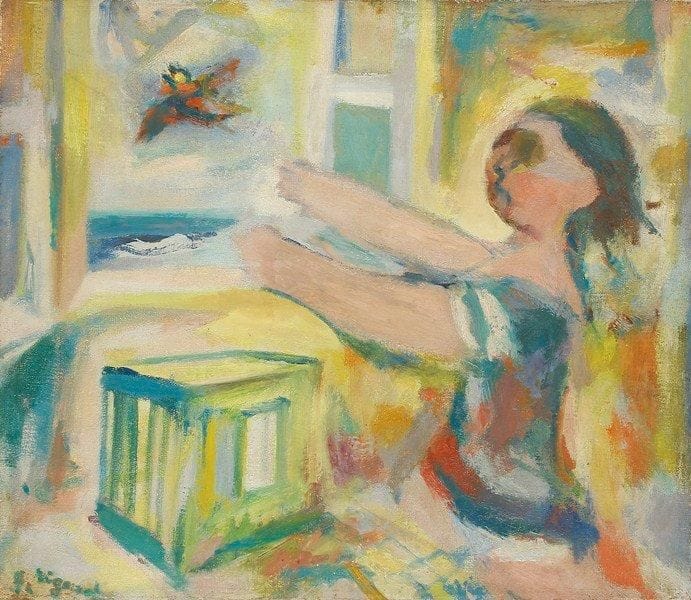 RIGAUD
L'oiseau, 1945 Huile sur toile. Signée en bas à gauche. Titrée et datée au dos. (Restaurations). 46 x 55 cm