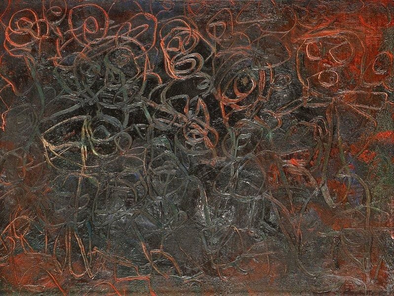 Raymond ROCHETTE (1906 - 1993)
Foule, 1988 Huile sur toile. Signée et datée en bas à droite. 30 x 41 cm