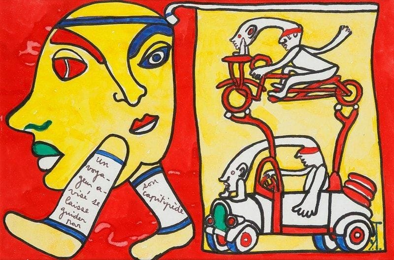 Yvon TAILLANDIER (né en 1926)
Un voyageur et son capitipède Gouache. Monogrammée en bas à droite. 19.50 x 29.50 cm