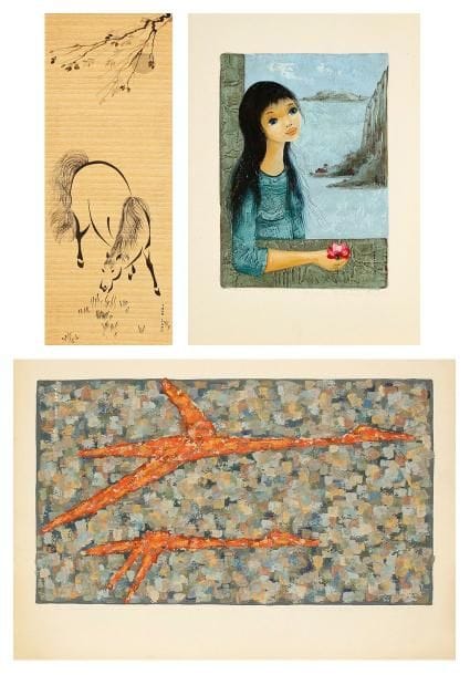 Mara TRAN LONG (née en 1935)
Portait de jeune fille - Les oiseaux Une huile et une gouache sur carton. Signées. Joint: Cheval, encre sur papier de bois. 65 x 50 cm