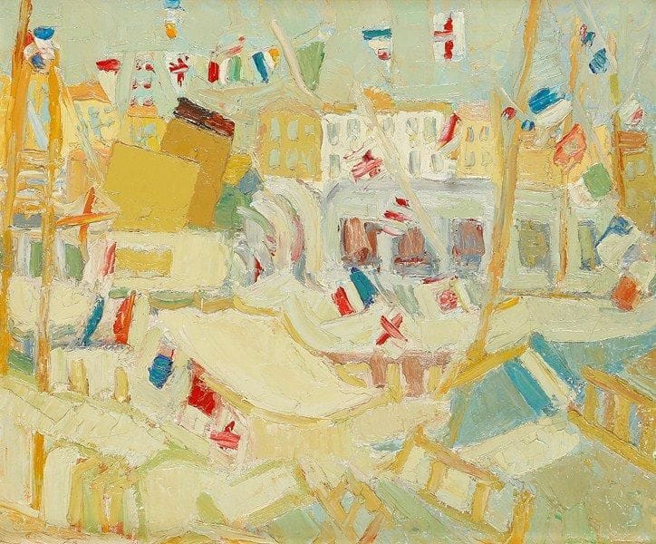Véronique VERON (née en 1927)
Fête sur le port de Cannes le14 juillet, 1962 Huile sur toile. Signée en bas à droite. 46 x 55 cm