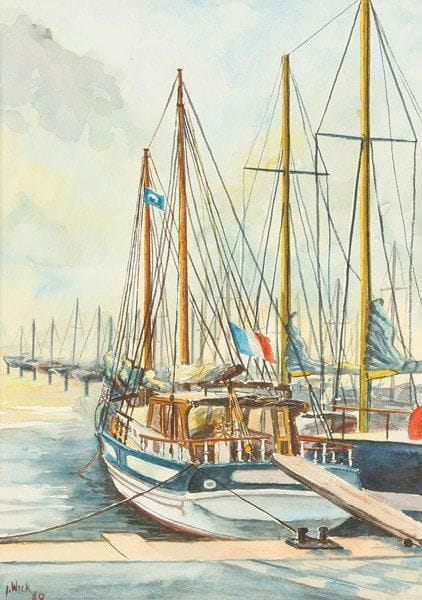 J. WICK (XXe siècle)
Voiliers au port Aquarelle et gouache. Signée en bas à gauche. 44.50 x 31.50 cm