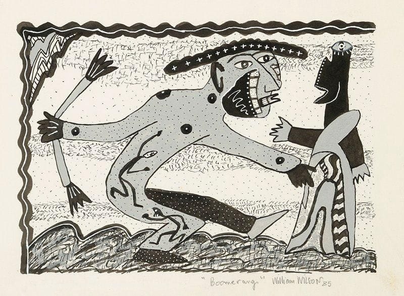 William WILSON (né en 1952)
Boomerang, 1985 Encre et gouache. Signée, titrée et datée en bas à droite. 24 x 32 cm