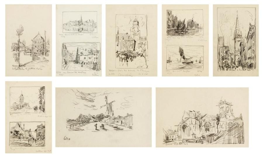 Frank Myers BOGGS (1855 - 1926)
8 Paysages, entre 1909 et 1921 Crayon noir. - Dives, 2 juillet 1909, signé. 15.5 x 24 cm - Honfleur, deux dessins sur la même feuille, reprise de tableaux vendus chez Keller. 24 x 16 cm - Honfleur, deux dessins sur la même feuille, reprise de tableaux vendus chez Keller. 24 x 16 cm - Pont - Audemer et Pont L'Évêque, deux dessins sur la même feuille, reprise de tableaux vendus chez Keller. 24 x 16 cm - Cour du marché à Pont L'Évêque. 16 x 12 cm - Caen, 24 x 16 cm - Le Moulin, 11.5 x 17.5 cm - Sainte Gertrude, signé. 24 x 16 cm