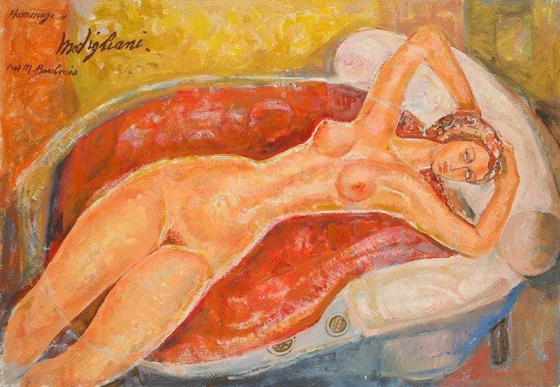Maurice BOUNOIS (1918 -?)
Hommage à Modigliani Huile sur toile. Signée et titrée en haut à gauche. 50 x 73 cm