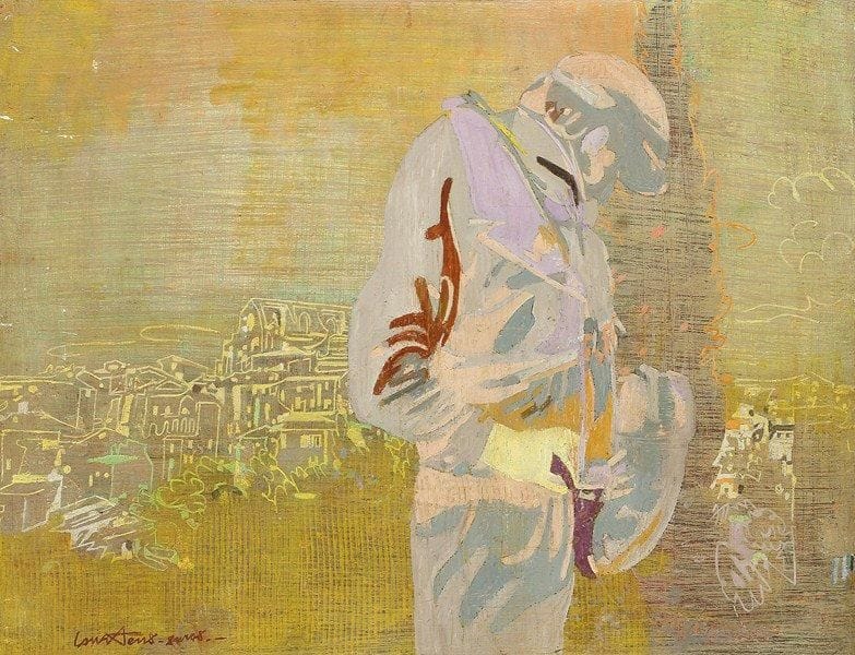 Pierre COURTENS (1921 - 2004)
Homme à la chaussure Huile sur toile contrecollée sur panneau. Signée en bas à gauche. 50 x 65 cm