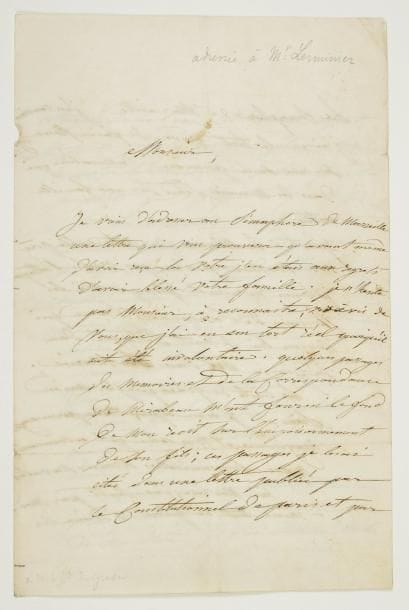 Louise COLET (1810-1876)
femme de lettres, maîtresse de Flaubert. L.A.S., Paris 10 novembre 1841, [à M. Lerminier] ; 4 pages in-8.    Excuses de l'auteur de La Jeunesse de Mirabeau. Elle vient d'adresser au Sémaphore de Marseille une lettre regrettant d'avoir blessé la famille de son correspondant : « Quelques passages des mémoires et de la correspondance de Mirabeau m'ont fourni le fond de mon récit sur l'empoisonnement de son fils [...] j'ai eu le tort grave de faire peser sur une seule personne, l'accusation qui dans les mémoires s'étend sur une famille entière »... Elle a senti « tout ce qu'ont d'odieux les attaques de la presse et aucun esprit, croyez-le bien, ne répugne plus que le mien à exciter la curiosité du public par des pamphlets qui affligent des familles honorables »... Elle supprimera ces passages dans une prochaine édition. Elle évoque les doux souvenirs de la Provence... « mon âme de poète est aussi loyale que votre âme de guerrier »...