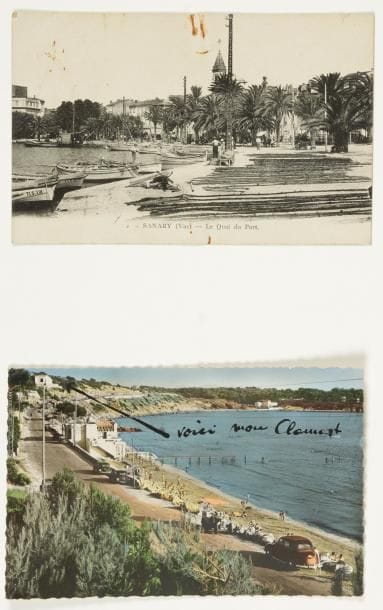 Moïse KISLING (1891-1953)
2 cartes postales a.s., Sanary-sur-Mer 1931-1933, à Marcel Mouillot ; cartes postales illustrées (vues du port et de la baie de Sanary), texte et adresse au verso.    [17.II.1931]. Il désigne sur la carte sa maison sur la baie de Sanary : « Voici mon Clamart », et lui dit « les 5 mots » pour sa nouvelle installation dans cette ville. Lui-même est « heureux en travaillant beaucoup »... [3 janvier 1933] : « J'espère que tes affaires vont bien et que tu n'es pas en retard... pour nous livrer beaucoup de tableaux »...