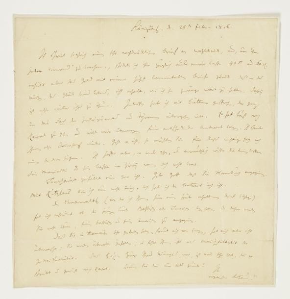 August von KOTZEBUE (1761-1819)
dramaturge allemand, mort assassiné. L.A.S., Königsberg 25 février 1816, à un acteur et directeur de théâtre ; 1 page in-4 ; en allemand.    Au sujet d'engagements d'acteurs. Il a écrit une lettre énergique à Gustav Wohlbrück, et lui a envoyé de l'argent sur sa propre cassette ; il a reçu des lettres encore plus lamentables concernant Mädgen, le bonheur de sa vie. Kotzebue a parlé avec Büttner, qui range tout ça dans le tiroir des intrigants et des tyrans, et qui se réjouit de la venue de Reval. Kotzebue espère qu'il conviendra, et qu'on n'aura pas besoin de l'échanger avec quelqu'un d'autre. Le Marinelli et son Bassa ont été assez bons dans Zriny [de Theodor Körner]. Kotzebue n'aime pas Toussaint, mais espère que son ami pourra engager Hamburg. Il est à peu près d'accord pour Ritzler, mais n'a pas encore le contrat. Pour les jeunes gens, la direction n'a pas encore décidé si elle engageait Bastitz ou Irrwitz... Etc.