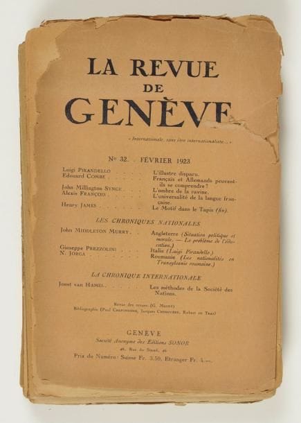 Jean-Emile LABOUREUR (1877-1943)
peintre. Manuscrit en partie autographe, Le Motif du tapis, [1921] ; carnet in-8 de 102 pages (plus ff bl.), cartonnage dos moleskine noire.    Manuscrit de travail de la traduction de la nouvelle d'Henry James, The Figure in the Carpet (1896). Cette traduction a été publiée, sous le seul nom de S.-E. Laboureur dans La Revue de Genève de décembre 1922 à février 1923, et n'a pas été reprise en volume. Le manuscrit révèle que cette traduction est en grande partie de Jean-Émile Laboureur qui a entièrement traduit le chapitre I, une grande partie du chap. V et jusqu'à la fin (VI-XI) ; le manuscrit est abondamment raturé et corrigé ; le reste est de la main de Suzanne Laboureur, mais porte de nombreuses corrections de son mari. On joint un brouillon autographe de Jean-Émile Laboureur de la traduction du premier chapitre (7 p. in-8) ; une L.S. de Charles Du Bos (28 juillet 1921) au sujet de cette traduction ; et 2 nos de La Revue de Genève (février 1923, mauvais état).