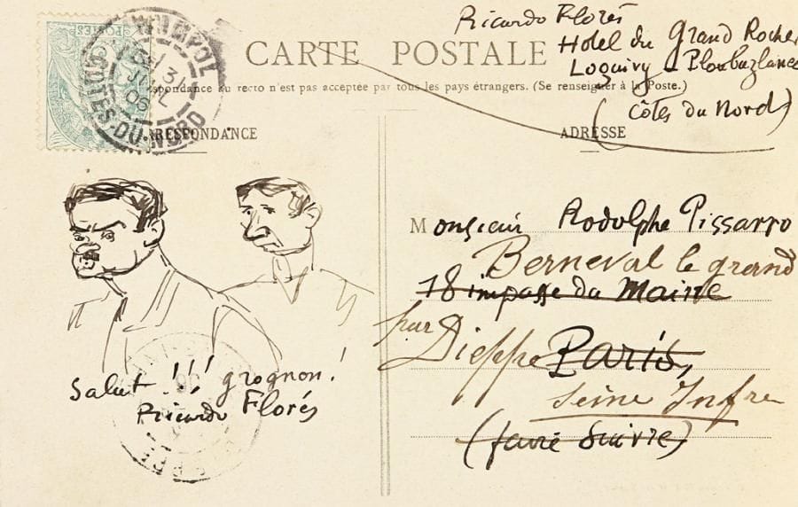 [Ludovic-Rodolphe PISSARRO (1878-1952)
peintre et graveur]. 64 cartes postales autographes (la plupart signées), 1904-1908, à lui adressées ; cartes illustrées avec adresse.    Cartes de sa famille, de ses amis peintres, et de collègues en esperanto..., plus une carte adressée par lui de Forges-les-Eaux à son ami Ricardo Florès en 1905 (« Forges moche very moche même »...). On relève notamment ses frères Georges Manzana-Pissarro (4, dont une où il a redessiné les contours de la Semeuse du timbre) et Paul-Émile Pissarro (2), et sa soeur Jeanne dite Cocotte (3) ; des peintres et dessinateurs : Ricardo Florès (2 dont une avec dessin), René de Saint-Delis (2), Jacques Zon, Albert Noblot, Charles Madvig (11, notamment du Danemark et de Bruges) ; l'hôtelier Lepage de Moëlan (2), et des espérantistes...