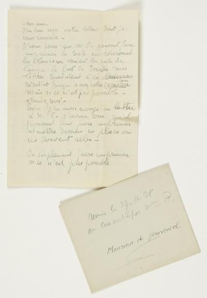 Georges ROUAULT (1871-1958)
L.A.S. « GR », [27 novembre 1928], à Étienne de Jouvencel ; 3 pages in-8, enveloppe (fentes au pli réparées).    Au sujet de l'impression d'un ouvrage. Il pensait qu'on pouvait faire imprimer le texte « en réservant les blancs où iraient les culs de lampe [...] Mais ce n'est pas possible - attendez-moi. [...] vous avez acheté les caractères et nous n'en pouvons changer »... Il regrette de ne pas être là, mais sa femme fera ce qu'elle pourra pour le jour du concert et ensuite... « Oui ici je travaille en paix ». Il prie de lui envoyer « description aussi exacte que possible et brève des peintures ou dessins rehaussés, je suis peut-être sur une bonne piste - étaient-ils signés ? »...