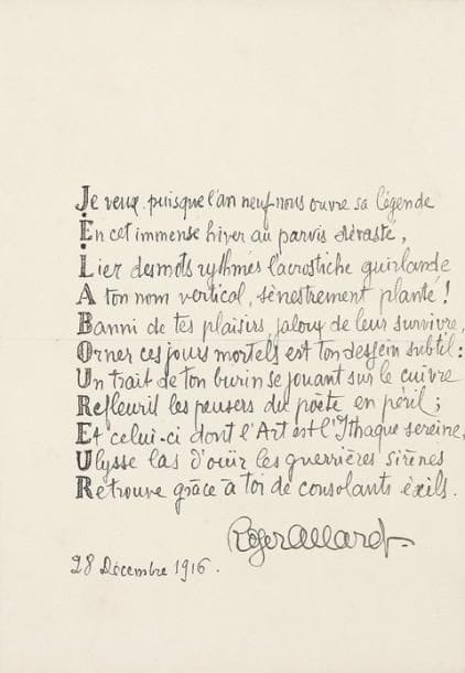 Roger ALLARD (1885-1961)
poète. 31 L.A.S. et 1 L.S., 1914-1943, à Jean-Émile Laboureur, et 2 manuscrits autographes signés ; 78 pages formats divers, adresses et enveloppes.    Belle et importante correspondance, notamment pendant la Guerre 14-18, par l'auteur des Élégies martiales. Nous ne pouvons en donner ici qu'un aperçu. 15 septembre 1915, il a eu des nouvelles de Marie Laurencin. « Segonzac est dans un atelier de camouflage de canons, sous la direction de... Jusseaume ! La Fresnaye devait venir à Paris au début de septembre »... 1916. 1er janvier : sa carte l'a rejoint « dans le ravin de la Mort, en un lieu célèbre du front est, qui est aussi la vallée de la Boue »... Limoges 2 mars : « Je vous envoie de mon lit que je n'oserais appeler de douleurs, car je ne souffre guère et n'ai guère souffertpar le fait du schrapnel qui m'a amené à Limoges, sinon à l'instant de son intrusion et à celui, plus pénible encore, de son extraction. [...] Dédiez-vous parfois à nos alliés britanniques de belles gravures ornées de tous les prestiges du noir et du blanc ? »... 28 mai : « J'ai été reconnu inapte à l'infanterie, mais, par un mystérieux détour, apte à l'artillerie de campagne ! »... Projet d'une ode pindarique... 13 septembre : « C'est vraisemblablement comme brigadier que je repartirai au front. Mais enfin ce sera de l'avancement, et aussi la certitude d'aller à cheval, plaisir que je goûte vivement, et ma seule distraction en cette forêt de la Braconne où je suis dans un exil plus triste que celui du front »... [17 octobre], manuscrit du poème Un fantôme dans un bar dédié à J.E. Laboureur (4 pages in-4), avec projet de maquette pour la publication dans Les Hommes du jour. 11 novembre : il a bien reçu l'album [Dans les Flandres britanniques], « très bien et tel que je le voyais en songeant à ce que j'aimais de vous déjà. Obus, Bombardement, la Baignade sont parmi les pages que je préfère. Le texte n'est pas indigne des dessins en maint endroit, et c'est beaucoup dire. Le Fantôme dans un bar es