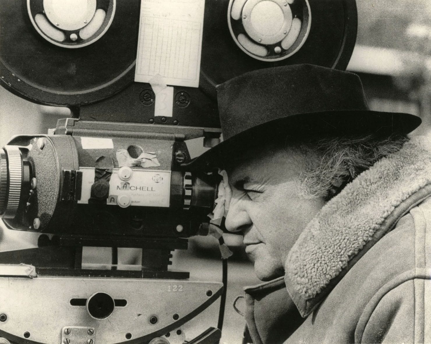 Unidentified photographer
Federico Fellini on the set of Amarcord, 1973.
Vintage silver print. Stamp "Archives Jacques G. Perret" and annotations on verso.
20 x 25 cm

Pierluigi Praturlon is credited as the set photographer on the shoot.