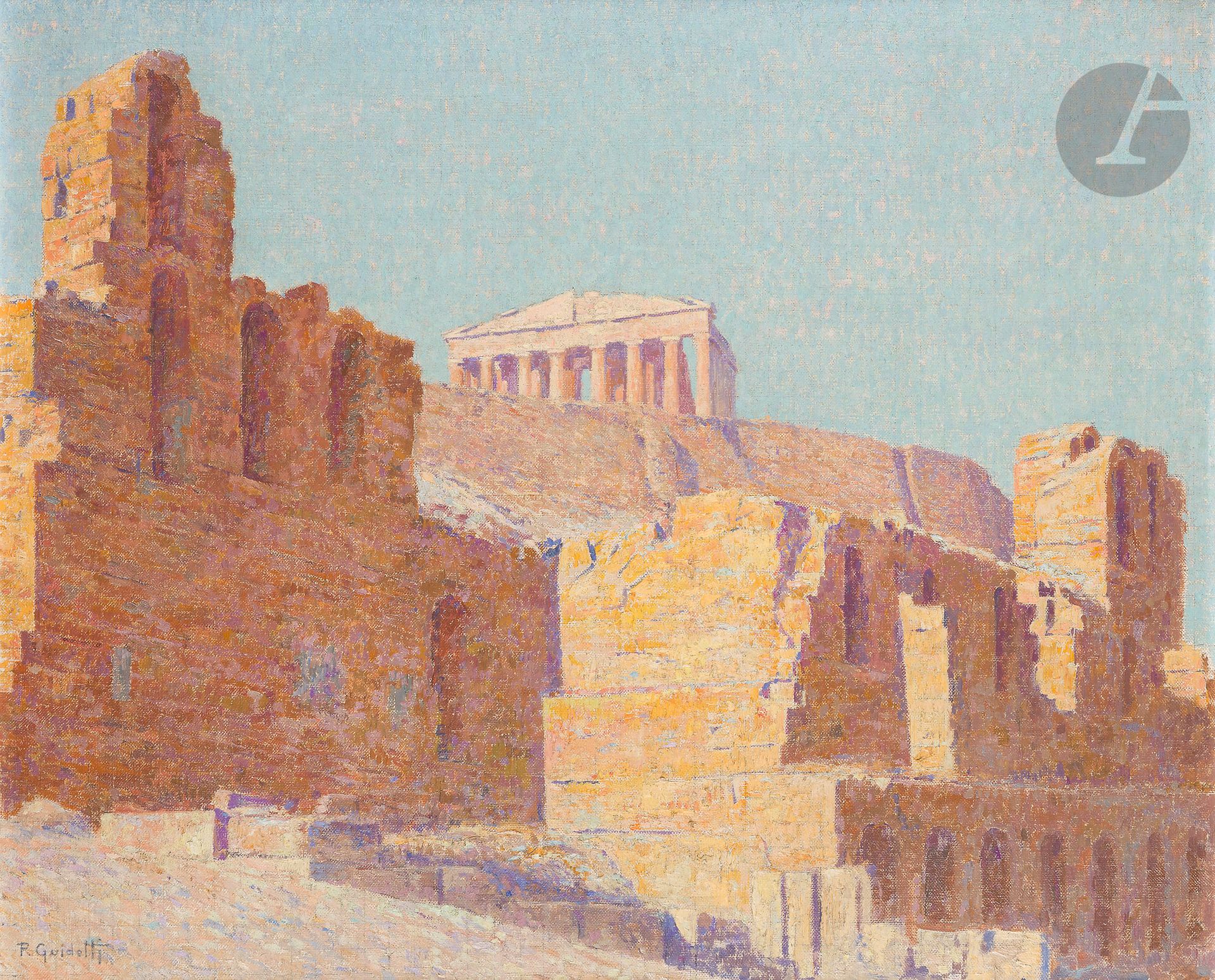 P. GUIDOTTI (XXe siècle)
Paire : 2 vues du Parthénon
2 huiles sur toiles.
Signées en bas à gauche.
54 x 65 chaque