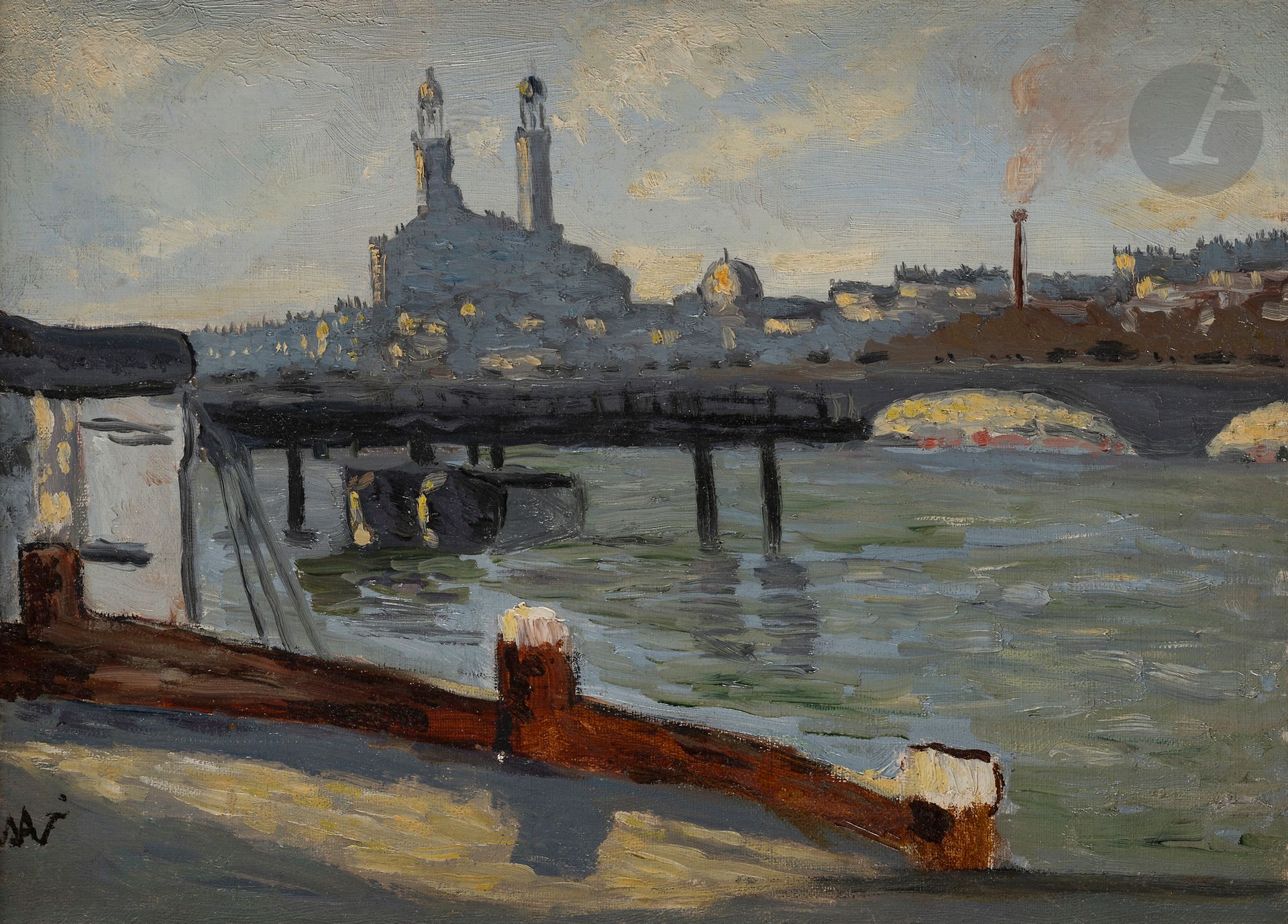 ECOLE MODERNE
Vue de la Seine et de l'ancien Trocadéro
Huile sur toile.
Monogrammée en bas à gauche.
24 x 33 cm