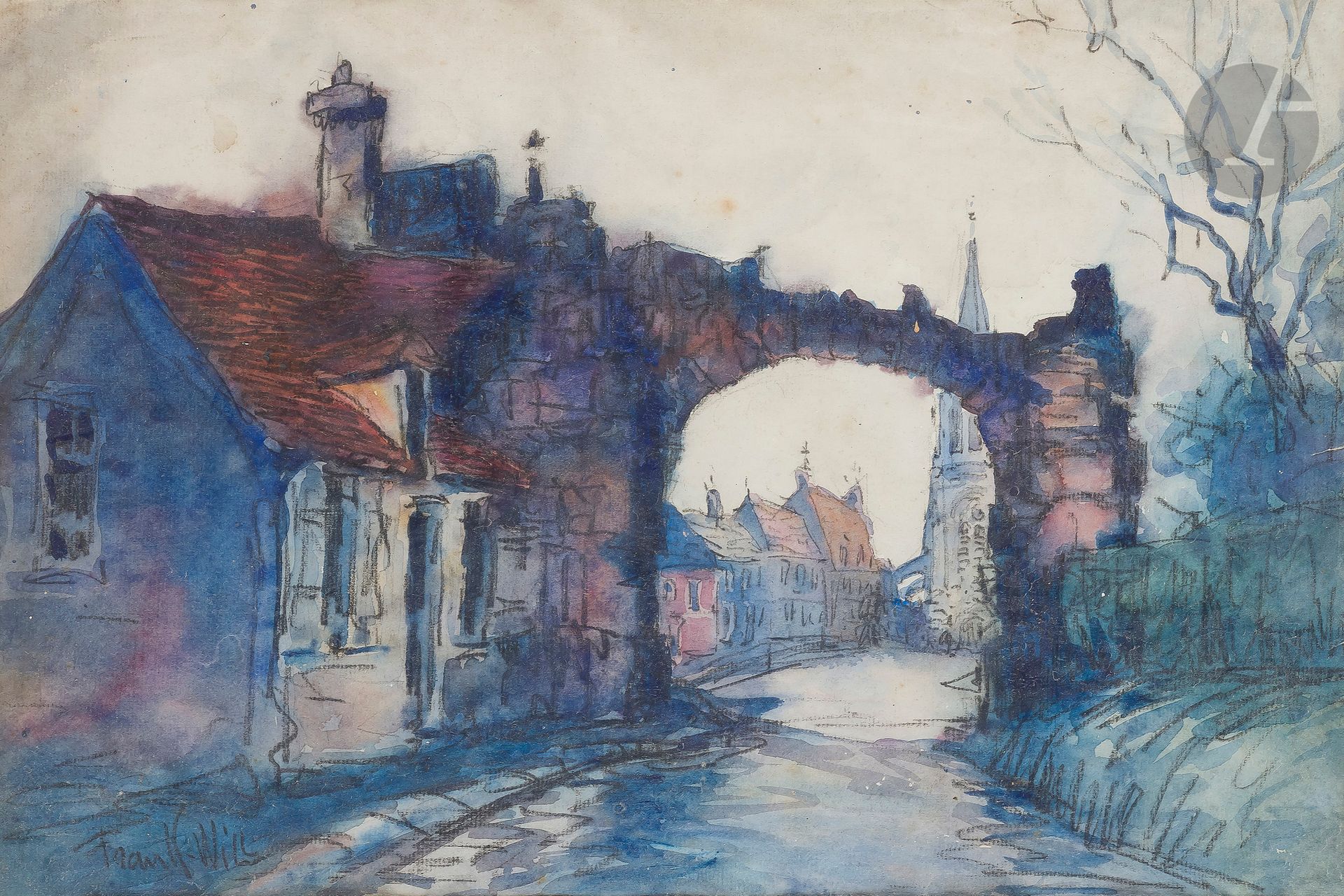 Frank WILL (1900-1951)
L'Entrée de la ville
Aquarelle et fusain.
Signée en bas à gauche.
(Petite taches).
28.5 x 42 cm