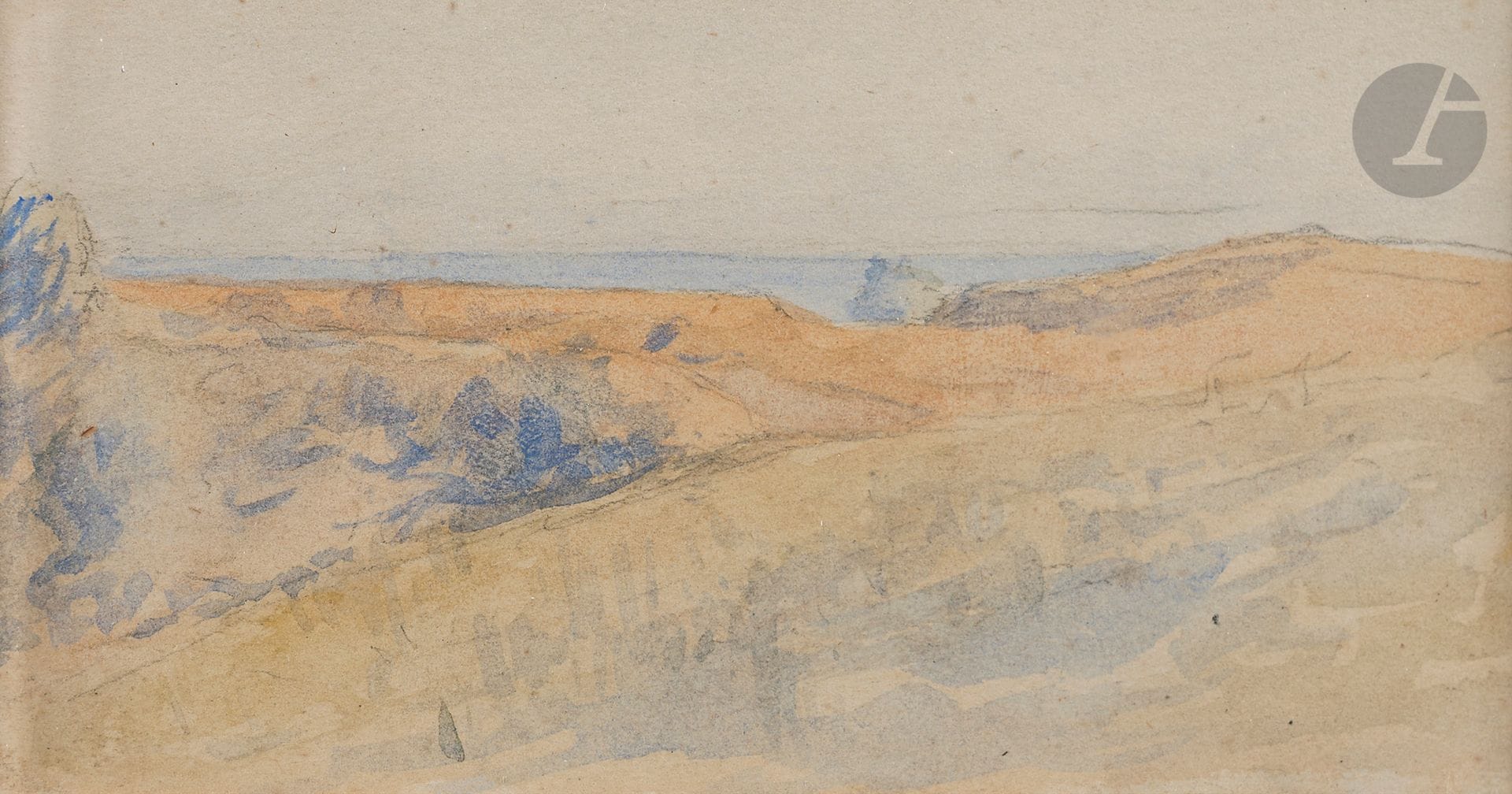 Henri BOUVET (1859-1945)
Bretagne, bord de mer
Aquarelle sur traits de crayon.
Non signée.
6 x 11.5 cm

Provenance : 
Vente Hommage à Bouvet, Kohn, 12 décembre 1995 (tampon de la vente au dos).