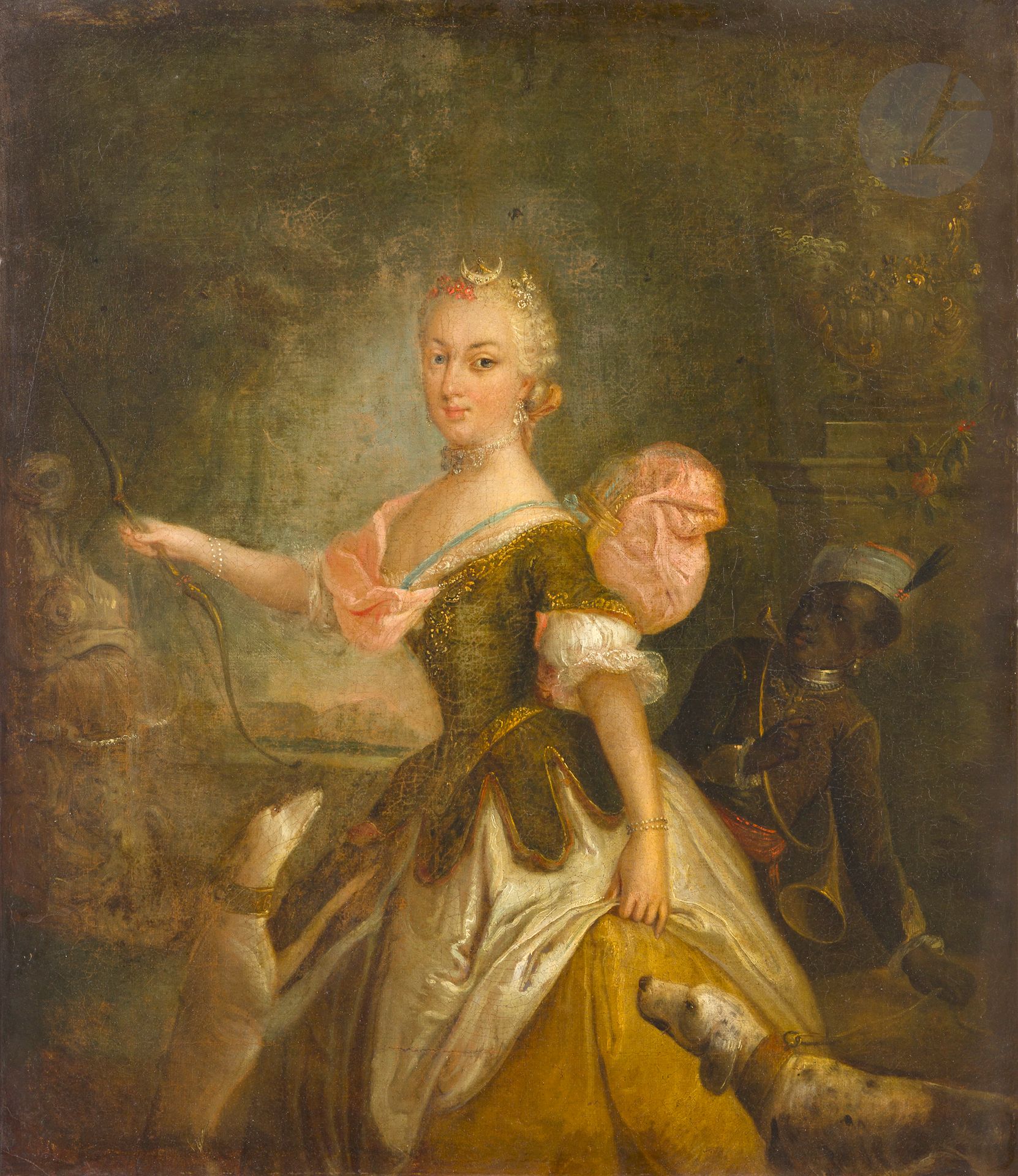 W.v.B*** Ecole HOLLANDAISE du XVIIIe siècle
Portrait de femme en Diane avec son page
Toile
Monogrammée en bas à gauche sur le collier du chien "W.v.B"
47 x 41 cm
Porte des étiquettes au revers du châssis et du cadre "n°478" Porte un numéro au revers du châssis "158"
(Restaurations anciennes et usures).