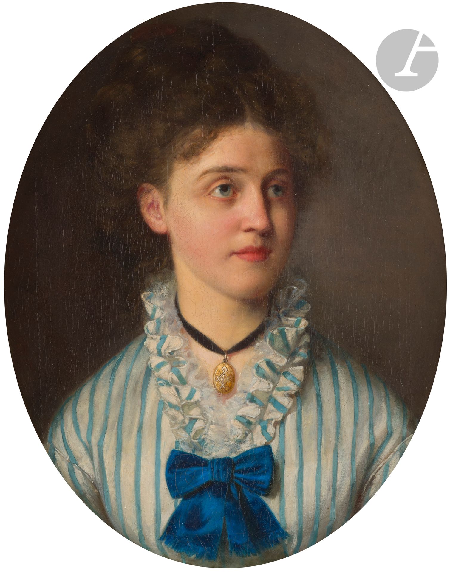 Attributed to Henri SCHLESINGER (1814-1893)
Portrait of a woman with medallion and blue bow 
Original rectangular canvas with oval view
83.5 x 50.5 cm