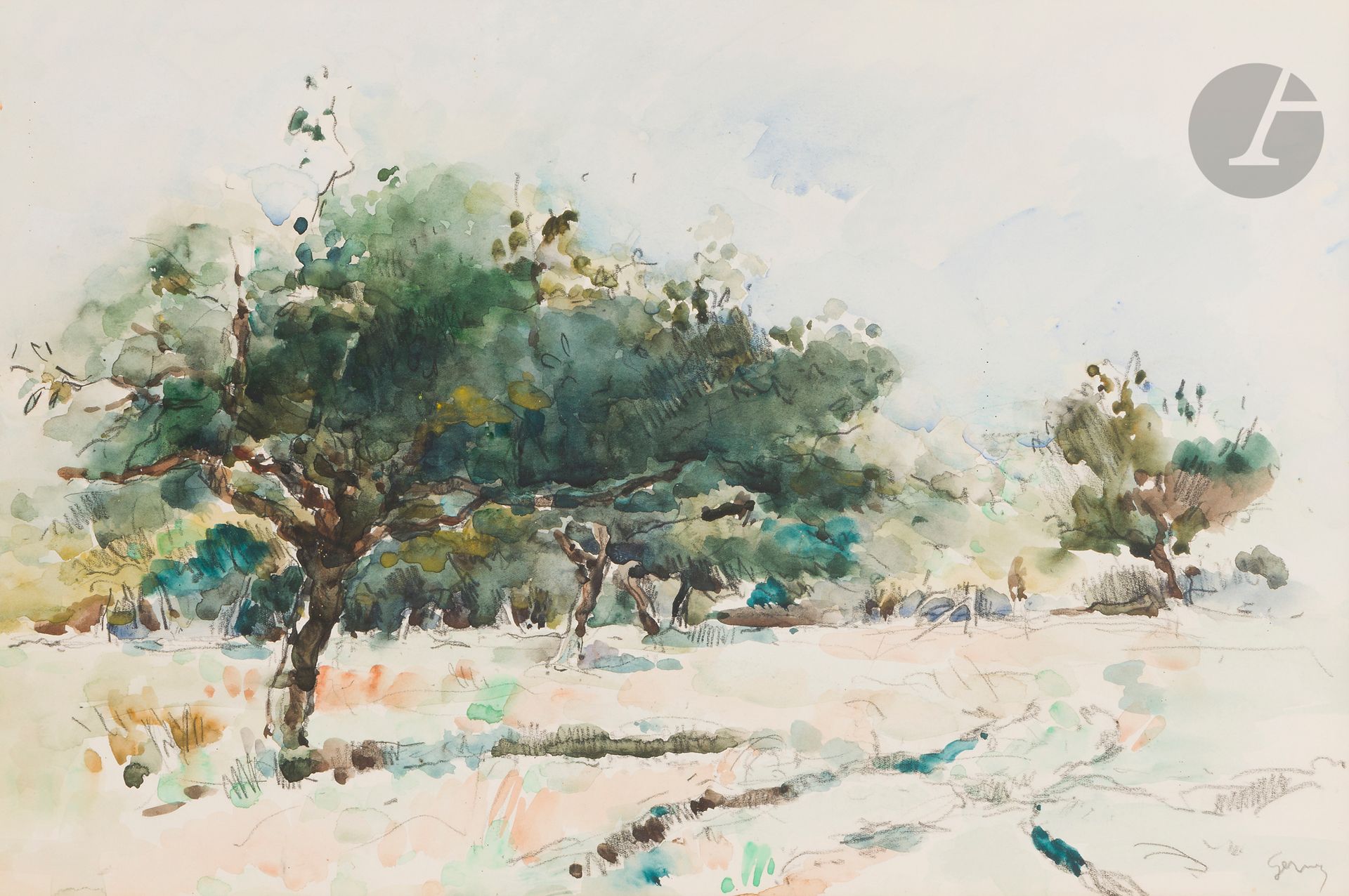 Paul-Elie GERNEZ (1888-1948)
Le Grand verger
Aquarelle.
Signée en bas à droite.
30 x 44.5 cm

Provenance : 
Vente Mes Chayette-Cheval, Hôtel Drouot, Paris, 1er décembre 2014, n° 2. 
 
Bibliographie: 
Robert Rey, Gernez : Le destin d'un peintre, in La Galerie des Arts, n° 80, 15 novembre 1969, pp. 16-26, reprod. p. 26.