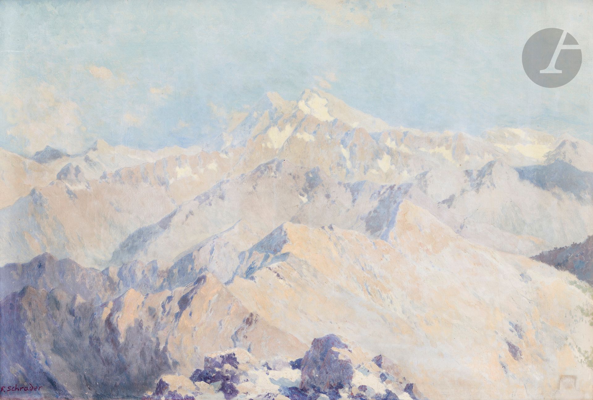 Franz SCHRADER (1844-1924)
The Posets as seen from the Cotiella
Oil on canvas.
Signed lower left.
(Restoration).
45 x 60 cm

Exhibition: 
SPM, Fort de l'Écluse, Léaz, June 15 - September 15, 2013.

Bibliography: 
Guy Auriol, Michel Rodes, Hélène Saule-Sorbé, Franz Schrader 1844-1924, l'homme des paysages rares, Tome 2, reproduced p. 268.