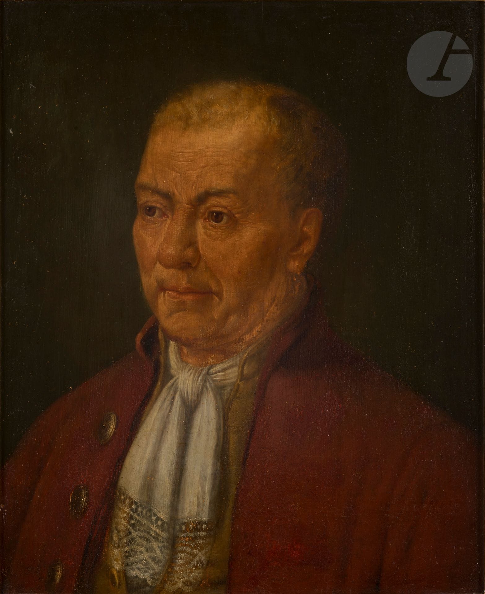 Balthasar DENNER (Altona 1685 - Rostock 1749)
Portrait d'homme à la veste rouge
Panneau de chêne, parqueté
Signé et daté en haut à gauche B. Denner / 1737
55,5 x 45 cm
(Restaurations anciennes)