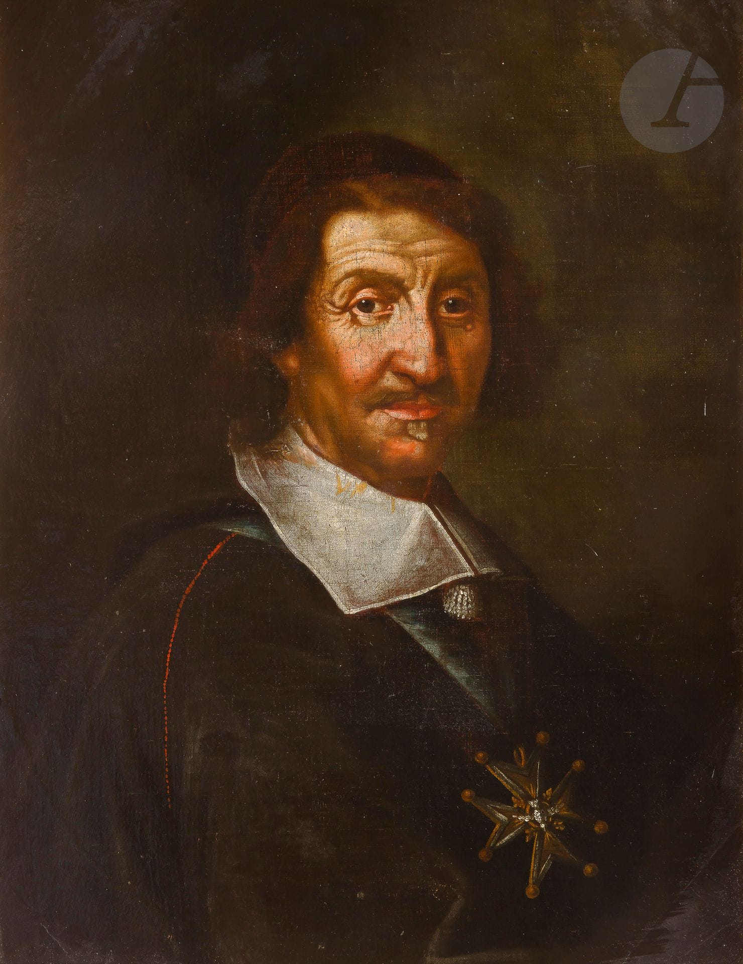École FRANCAISE du XVIIe siècle
Portrait d'homme portant l'ordre du Saint Esprit
Toile rectangulaire, anciennement octogonale et à vue ovale, marouflée sur panneau
63 x 49,5 cm
(Restaurations anciennes)