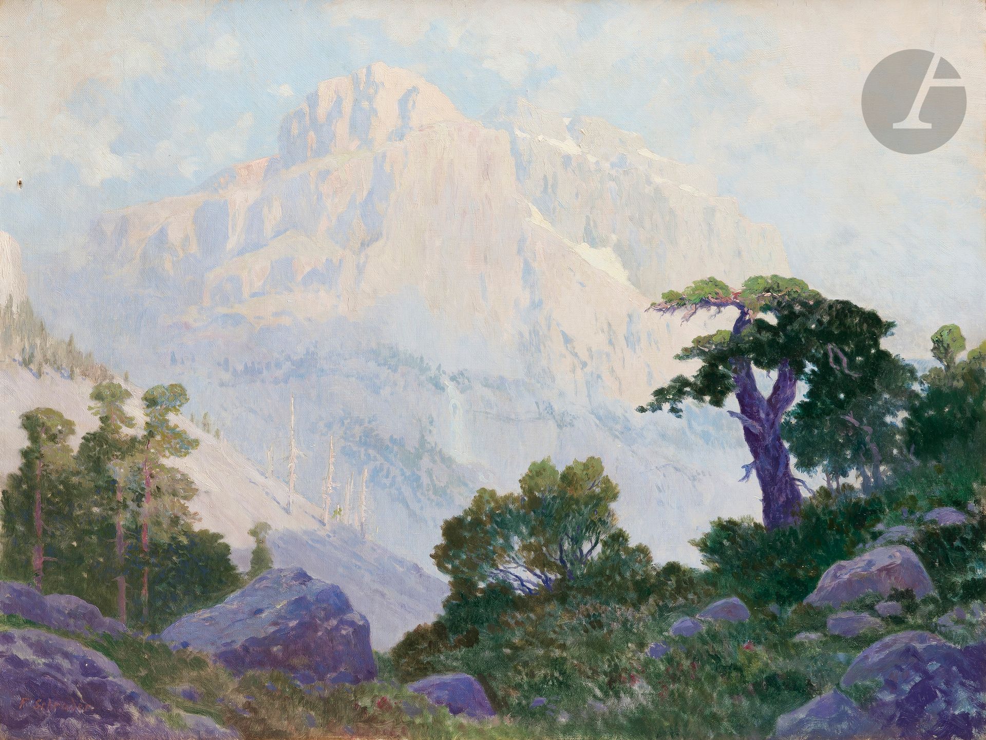 Franz SCHRADER (1844-1924)
Vallon de Fon Blanca (Mont-Perdu region), circa 1911
Oil on canvas.
Signed lower left.
(Hole).
45.5 x 60.5 cm

Bibligraphy :
Guy Auriol, Michel Rodes, Hélène Saule-Sorbé, Franz Schrader 1844-1924, l'homme des paysages rares, Tome 1, reproduced p. 40.

This is probably the painting that was exhibited at the Salon des Peintres de Montagne in 1911.