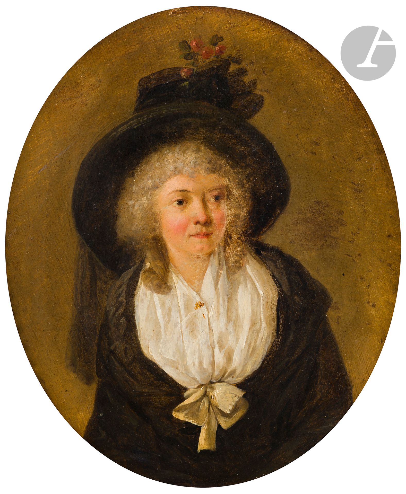 Attributed to Marie-Marc Antoine BILCOCQ (1755 - 1838)
Woman with flowery hat
Walnut panel, oval
31.5 x 26 cm
Bears an old attribution to John Hoppner.
(Old restorations)