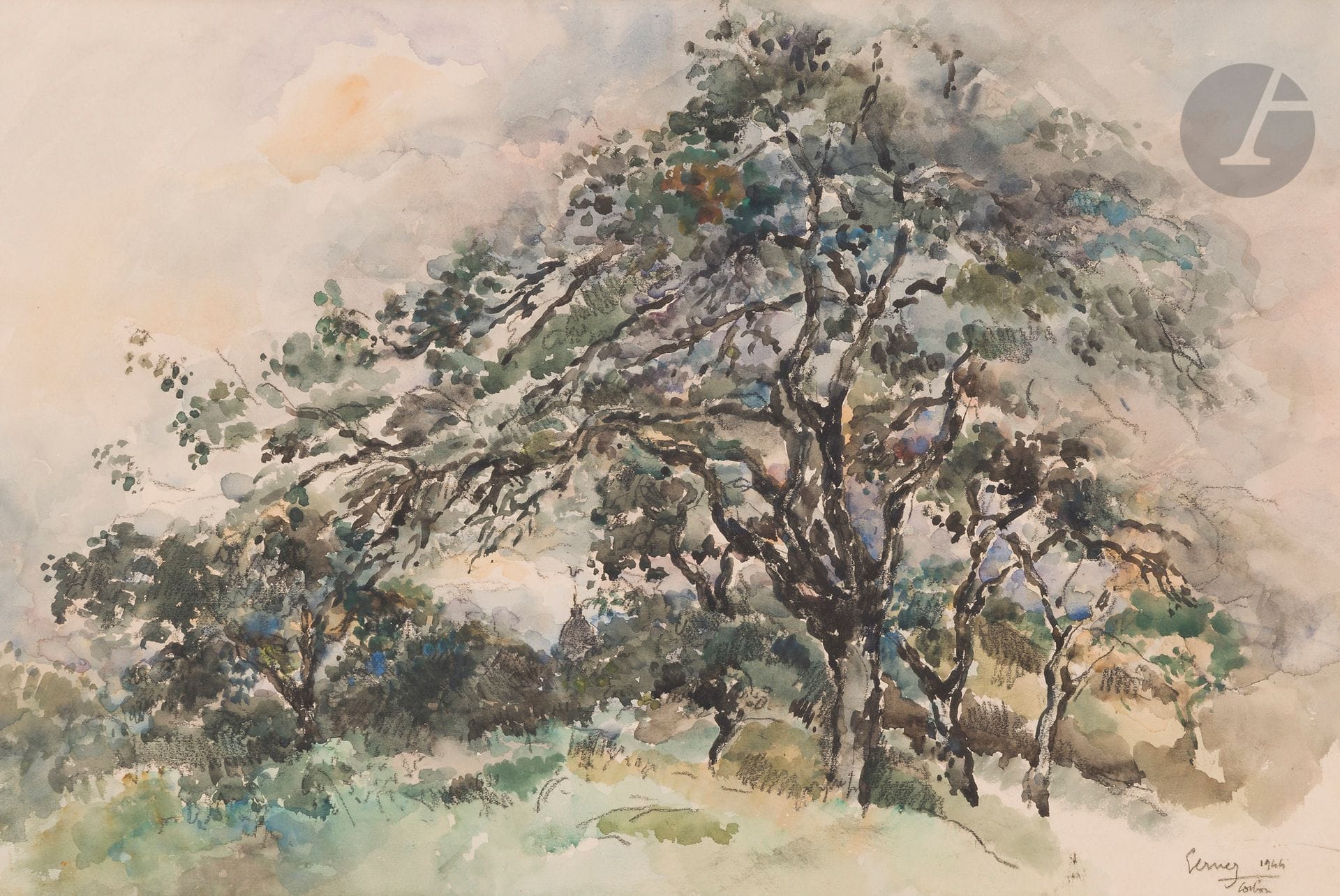 Paul-Elie GERNEZ (1888-1948)
Le Verger à Corbon, 1944
Aquarelle.
Signée, datée et située en bas à droite.
35.5 x 52.5 cm

Provenance : 
Vente Me Thierry de Maigret, Hôtel Drouot, Paris, 26 juin 2014, n° 134.
 
Bibliographie: 
Robert Rey, Paul-Elie Gernez, Paris, Grasset, 1947, p. 191.