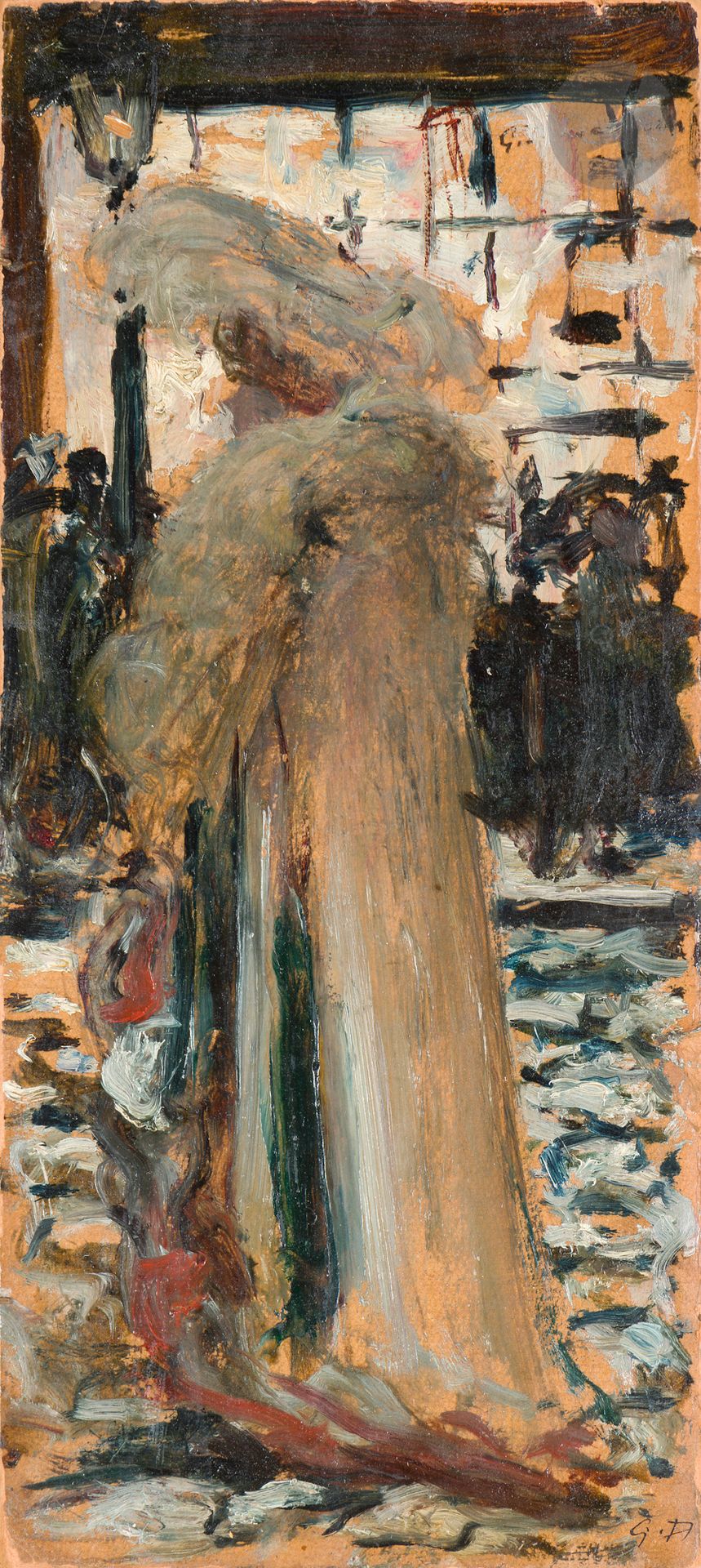 George DESVALLIERES (1861-1950)
Elegant woman with coat, circa 1903
Oil on paper.
Signed upper right.
Monogrammed lower right.
Annotations on back: "Boulevard... [illegible]" at top and "14 rue Saint Marc" at bottom.
36.5 x 17 cm

Provenance : 
Tajan sale, Hôtel Drouot, Paris, November 9, 2000, no. 116.

Bibliography: 
Ambroselli de Bayser, Catherine, with the collaboration of Thomas Lequeu and Priscilla Hornus, George Desvallières, Catalogue raisonné de l'œuvre complet, Paris, Somogy éditions d'art, 2015, Tome II p. 196.