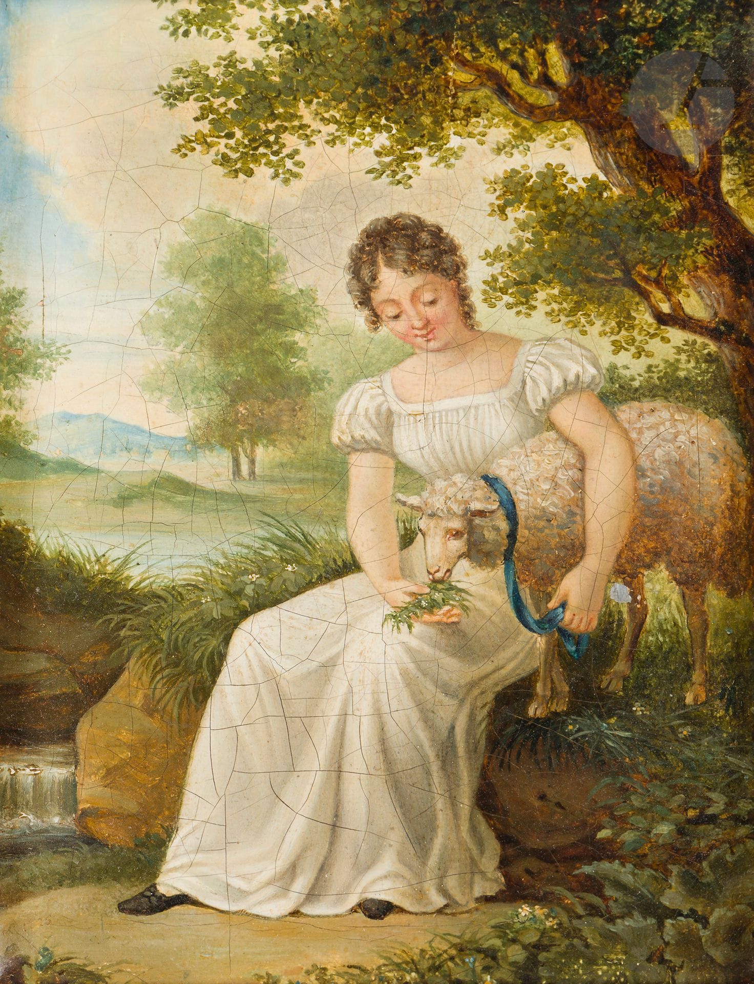 19th century FRENCH SCHOOL
Young shepherdess and her sheep
Canvas 
22 x 16 cm