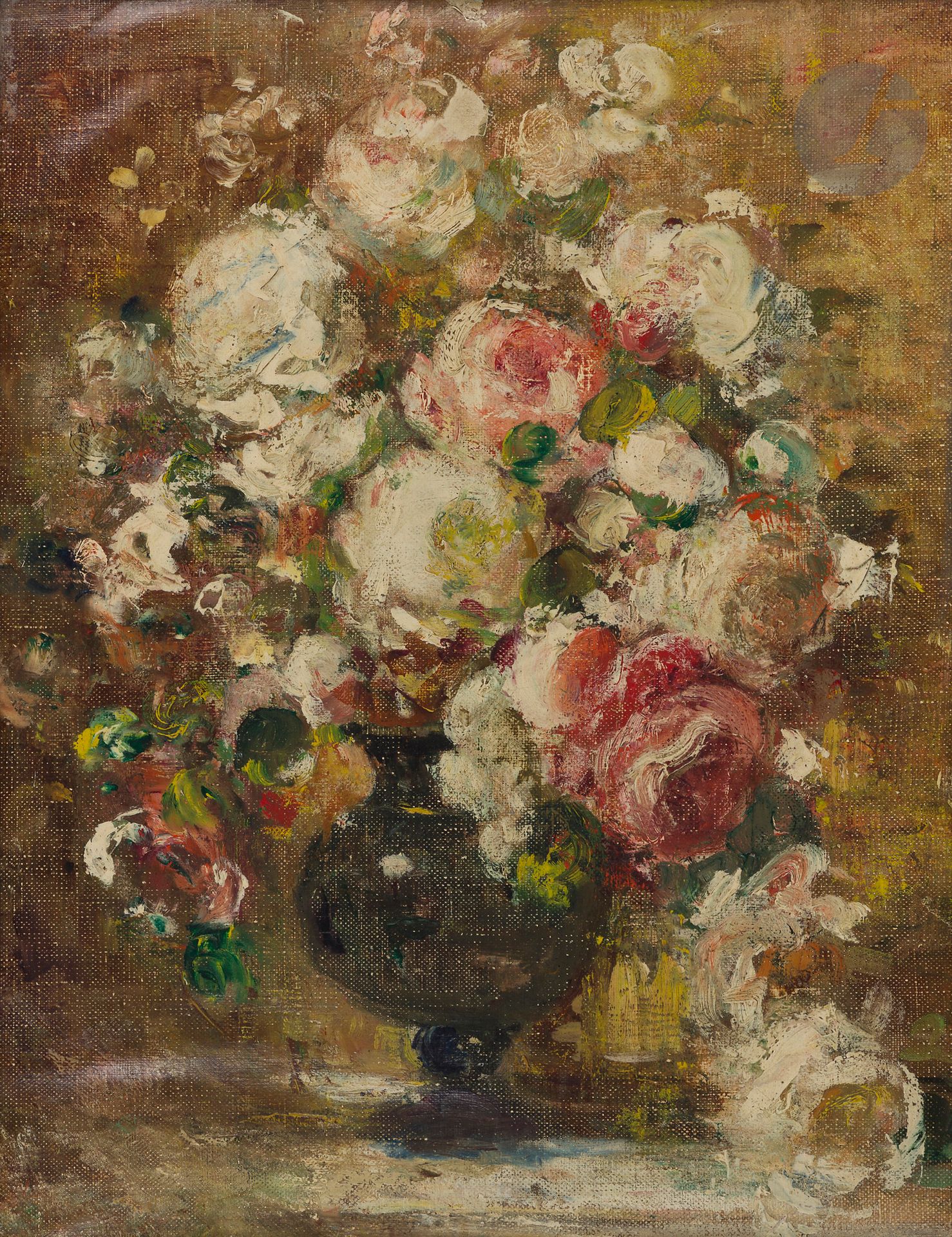 François VERNAY (1821-1896)
Vase de roses
Huile sur toile montée sur carton.
41 x 33 cm
(Gondolements et décollements de la surface).

Provenance : 
- Galerie des Archers, Lyon.
- Vente Me Rheims, Hôtel Drouot, Paris, 20 juin 1956, n°196.