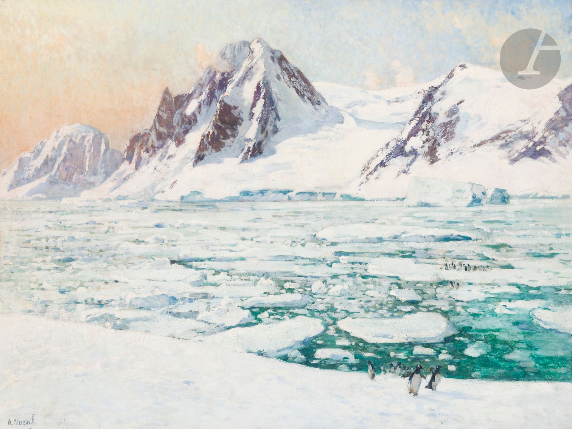 Alexandre NOZAL (1852-1929)
Pingouins sur la banquise
Huile sur toile.
Signée en bas à gauche.
(Restauration et craquelures).
60 x 81 cm