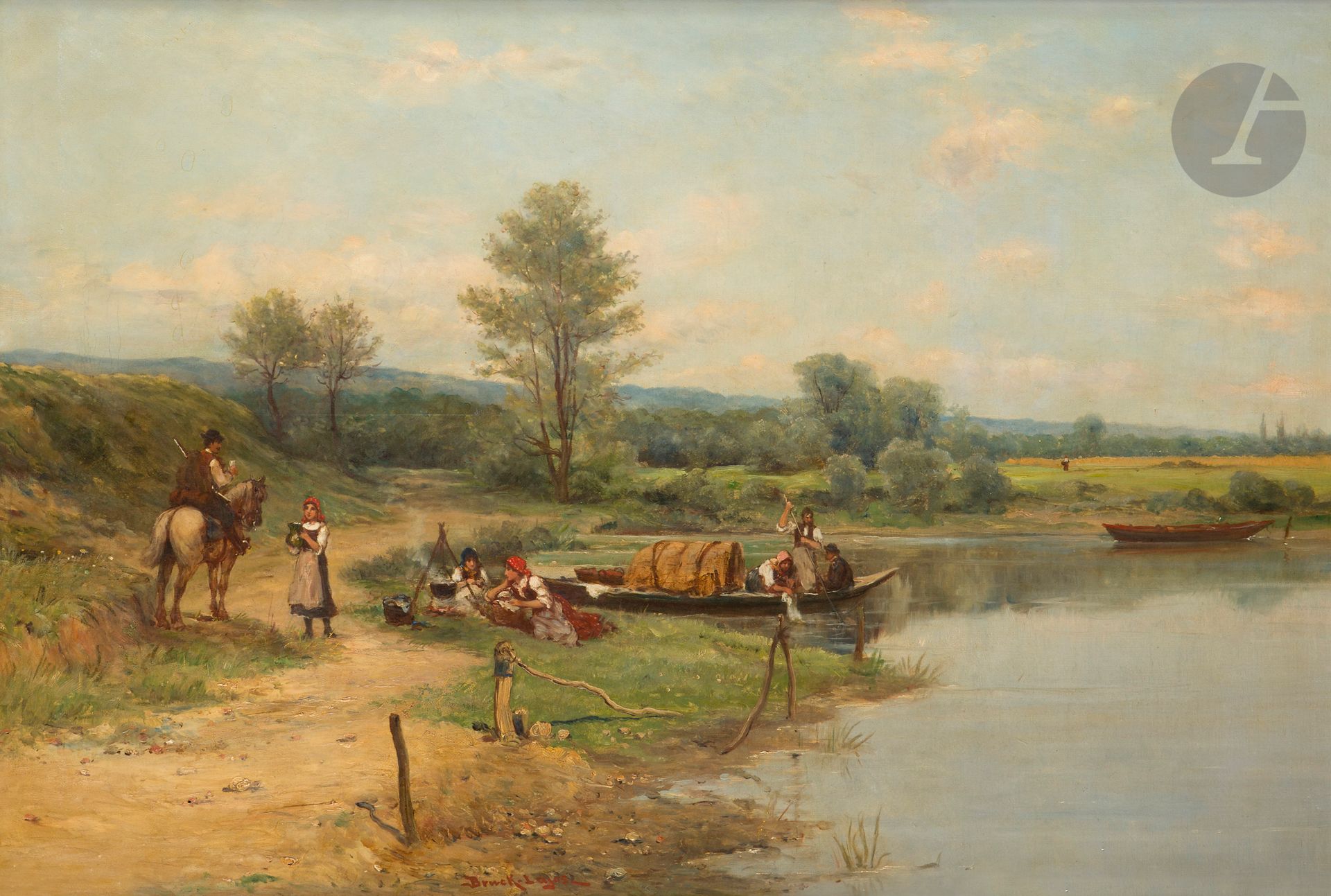Ludwig BRUCK-LAJOS (1846-1910)
Famille en bord de rivière
Huile sur toile.
Signée en bas vers la gauche.
54 x 81 cm