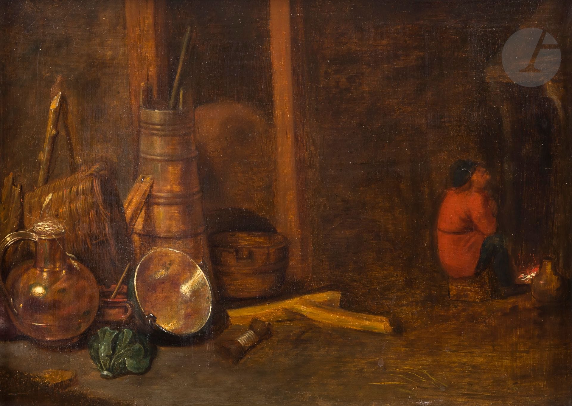 École FLAMANDE, dans le gout du XVIIe siècle
Au coin du feu
Panneau
25 x 35 cm