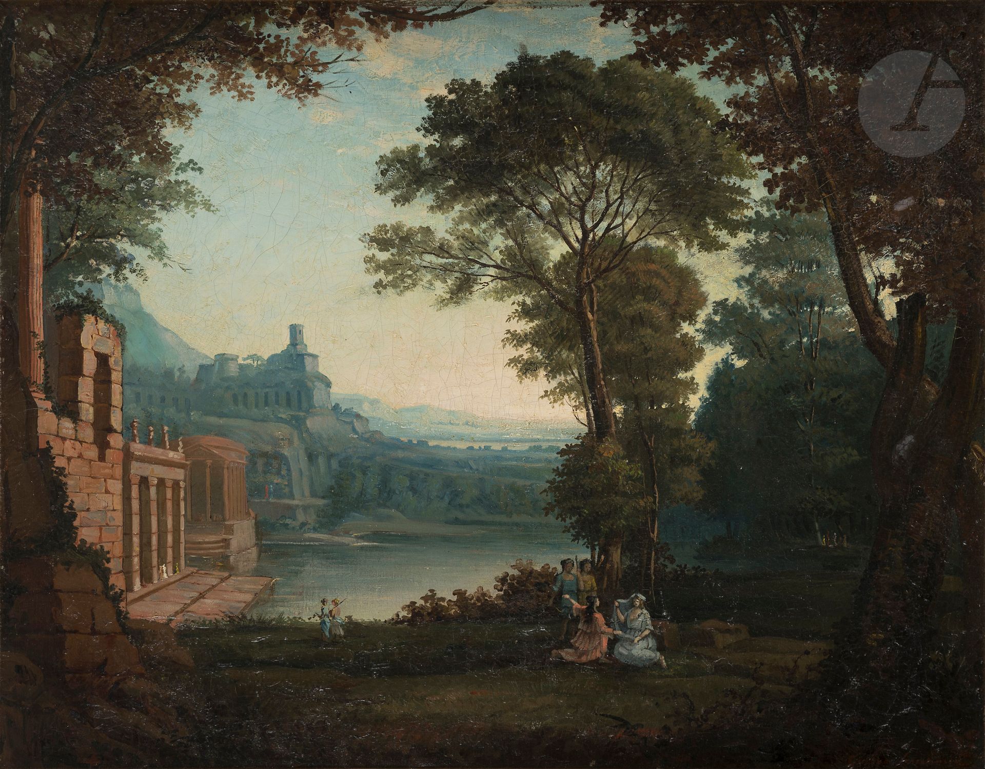 École FRANCAISE de la fin du XIXe siècle
Scène galante 
Toile
Porte une signature illisible en bas à droite
74 x 96,5 cm
(Restauration)