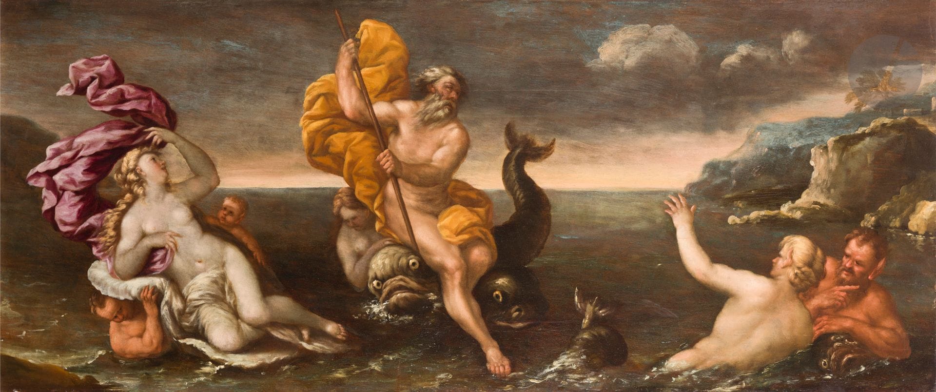 École NAPOLITAINE du XVIIe siècle, entourage de Luca GIORDANO
Le Triomphe de Neptune
Panneau préparé et renforcé (élément de boiserie)
50 x 119 cm
(Restaurations anciennes)