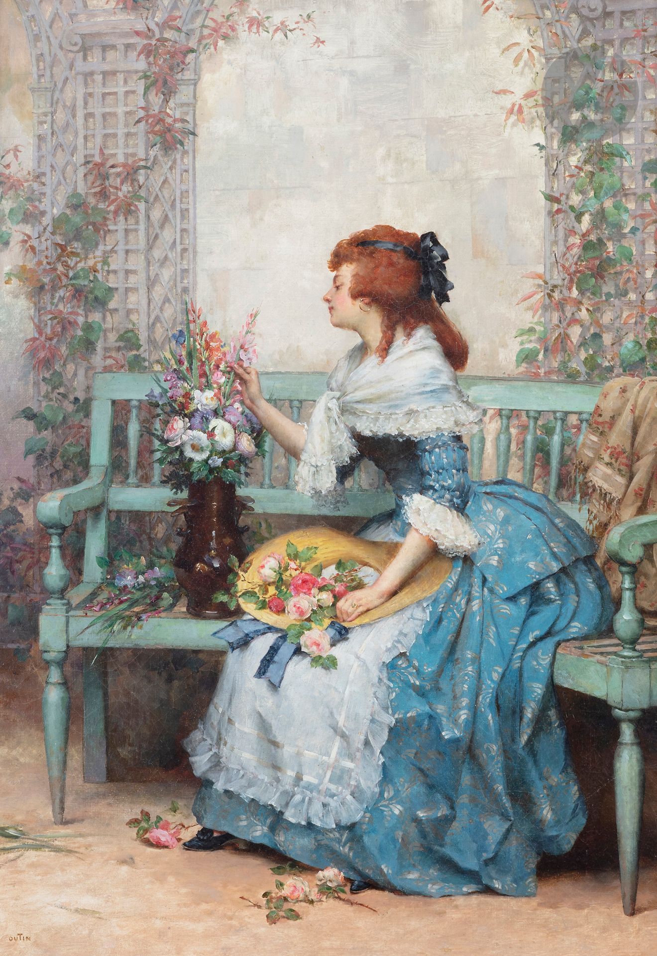 Pierre OUTIN (1840-1899)
Jeune femme au bouquet de fleurs
Huile sur toile.
Signée en bas à gauche.
(Restaurations).
55 x 38 cm