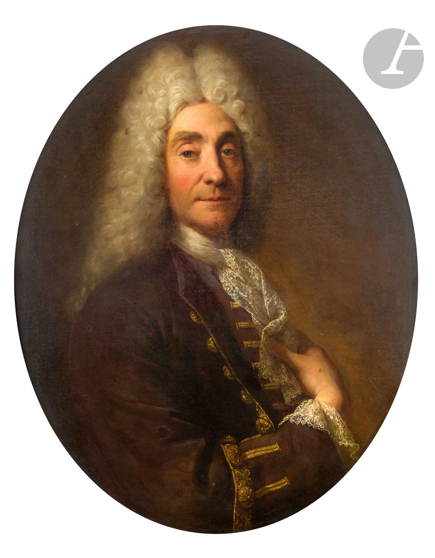 André BOUYS (Hyères 1656 - Paris 1740) 
Portrait d'homme en veste brune à galon brodé 
Toile ovale 
81 x 65 cm
