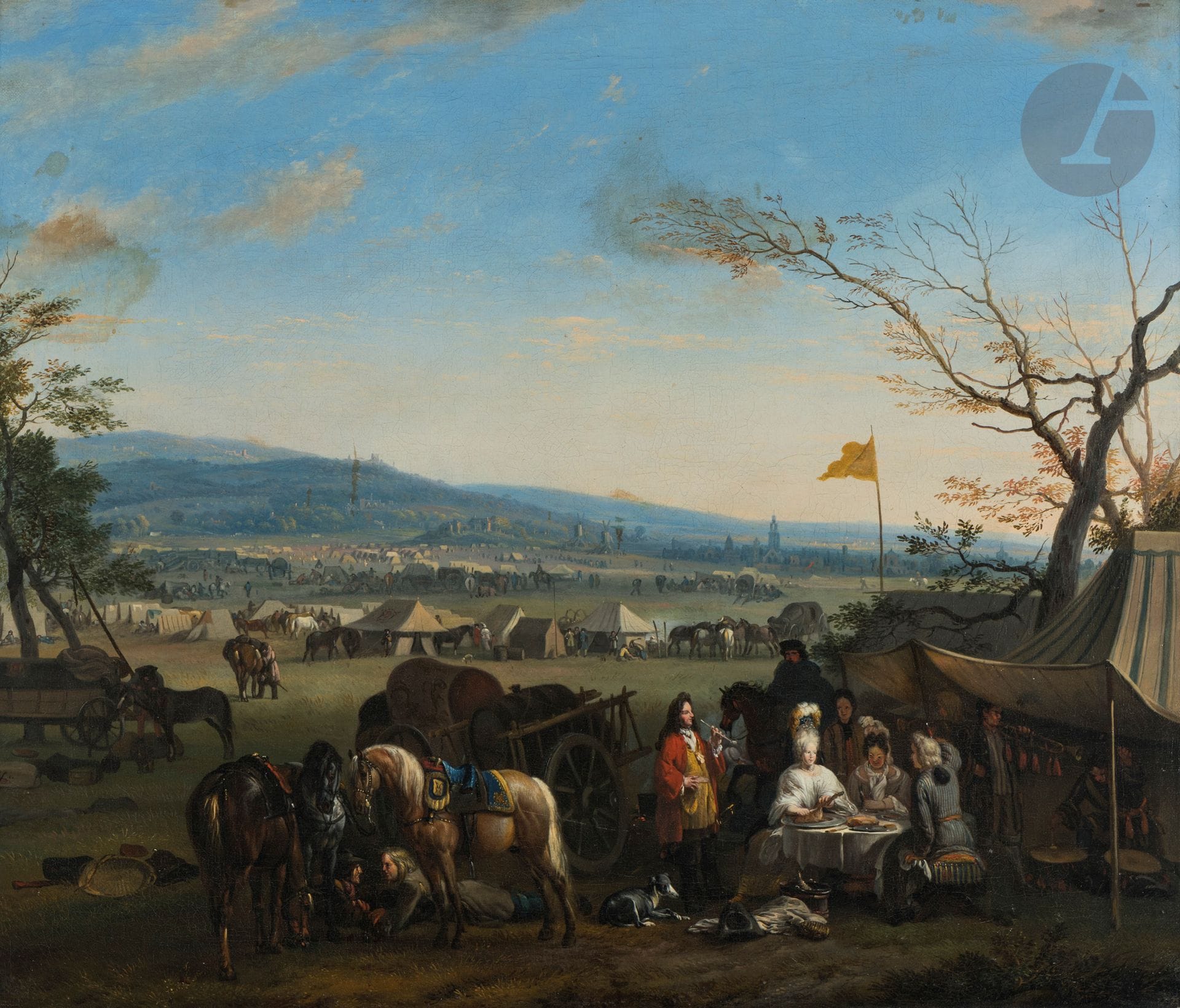 Attributed to Jan van HUCHTENBURG (1646 - 1733)
Royal encampment
Canvas
Bears a trace of the monogram "JHB" lower right
53.5 x 62.5 cm
Bears a number in ink on the reverse of the stretcher "79" and inscriptions that are difficult to read.
(Old restorations)

Provenance :
Galerie Bailly, 1983.