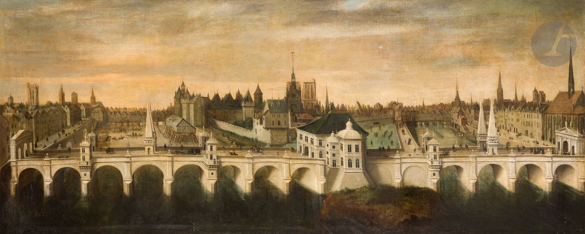 École FRANCAISE du XVIIe siècle 
Le Pont Neuf suivant un projet non exécuté (vers 1588) 
Toile 
54 x 130 cm 
(Restaurations anciennes) 

Une même vue légèrement plus grande (Toile, 91,5 x 134 cm) est conservée au musée Carnavalet (J.-M. Bruno et C. Leribault, Peintures du musée Carnavalet. Catalogue sommaire, Paris, 1999, p. 621).