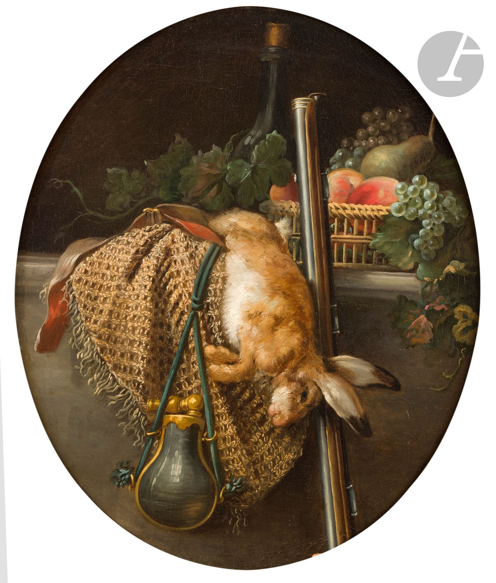 Anne VALLAYER-COSTER (Paris 1744 - 1818) 
Still life with hare, carnier, powder flask, fruit basket and bottle on a stone table
Oval canvas 
Signed on the right "vallayer coster". 
66 x 54 cm 

Provenance :
- Sale from the collection of Baron de Beurnonville, Paris, Hôtel Drouot (Maître Pillet), May 9, 1881, no. 179 (400 francs) ; 
- Anonymous sale, Paris, Hôtel Drouot (Tajan), December 12, 1995, no. 112. 

Bibliography: 
- M. Roland Michel, Anne Vallayer-Coster 1744-1818, Paris, 1970, no. 296 (as lost) ; 
- Exhibition catalog, Anne Vallayer-Coster: peintre à la Cour de Marie-Antoinette, (under the direction of Kahng Eik), Washington, National Gallery of Art, Dallas Museum of Art, New-York, The Frick Collection, Musée des beaux-arts de Marseille, 2002-2003, Marseille Paris, 2003, p.217, n°127 (repr.). 

Anne Vallayer was admitted to the Académie Royale de peinture et de sculpture on July 28, 1770 as a still-life painter. She exhibited at the Salons, where critics, including Diderot, were dithyrambic. She soon began to paint figures and portraits on a more occasional basis, and entered Marie-Antoinette's inner circle, obtaining lodgings at the Louvre. In 1781, she married Jean-Pierre Sylvestre Coster, a lawyer at Parliament and Receiver General. Along with Adélaïde Labille-Guiard and Elisabeth Vigée-Lebrun, she was one of the few female painters to make a name for herself during the reign of Louis XVI.

A painter of flower bouquets, Anne Vallayer-Coster also executed several hunting still lifes. Our composition is reminiscent of Chardin in the vibrant fur of the hare, the velvety texture of the fruit basket and the carafe, so present in his work. The details and quality of finish are characteristic of our painter. Note the geometric construction of this hunting scene, suggested by the cross-shaped axis given by the entablature and the rifle. This geometric structure is softened, however, by the blue ribbon and the oval shape of the powder flask and fruit.