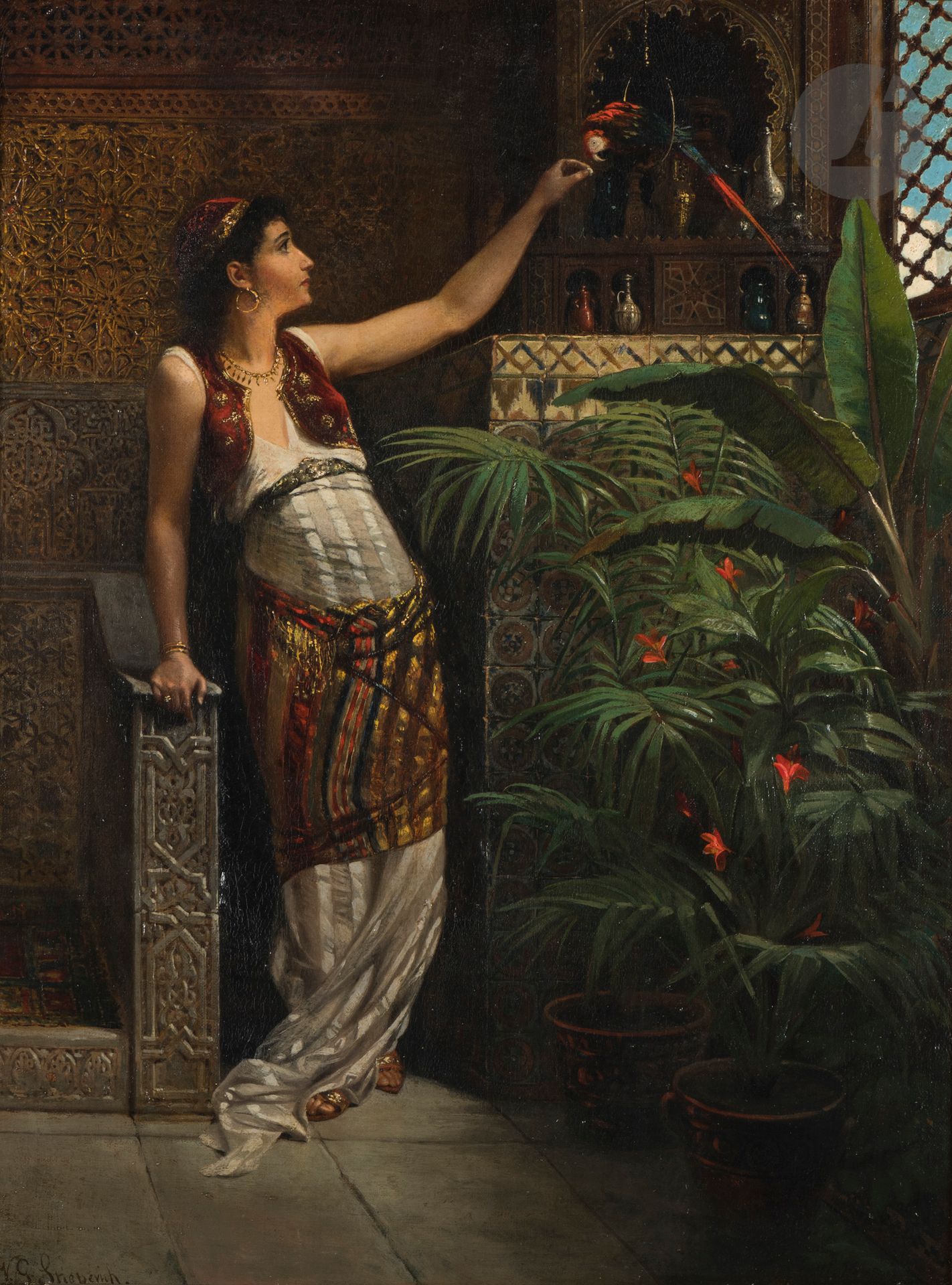Vincent G. STIEPEVICH (1841 - 1910) 
Jeune femme orientale nourrissant un perroquet 
Toile 
Signée en bas à gauche " V. G. Stiepevich " 
60,5 x 46 cm 

Provenance :
Vente anonyme, New York, Christie s, 2 mars 1990, n° 162.