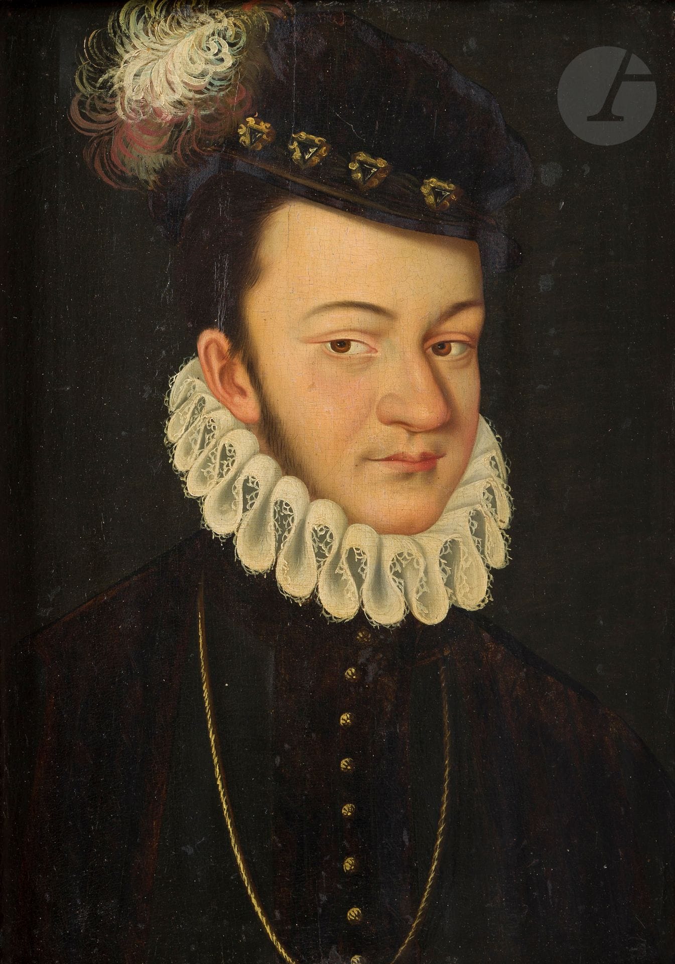 Dans le goût de Jean DECOURT
Portrait de François de France, duc d'Alençon puis d'Anjou (1555-1584)
Panneau de chêne, une planche, non parqueté
36 x 25 cm
(Restaurations anciennes)

Réplique du portrait de François de France, duc d'Alençon puis d'Anjou par Jean Decourt 

Provenance :
Collection Demandolx-Dedons