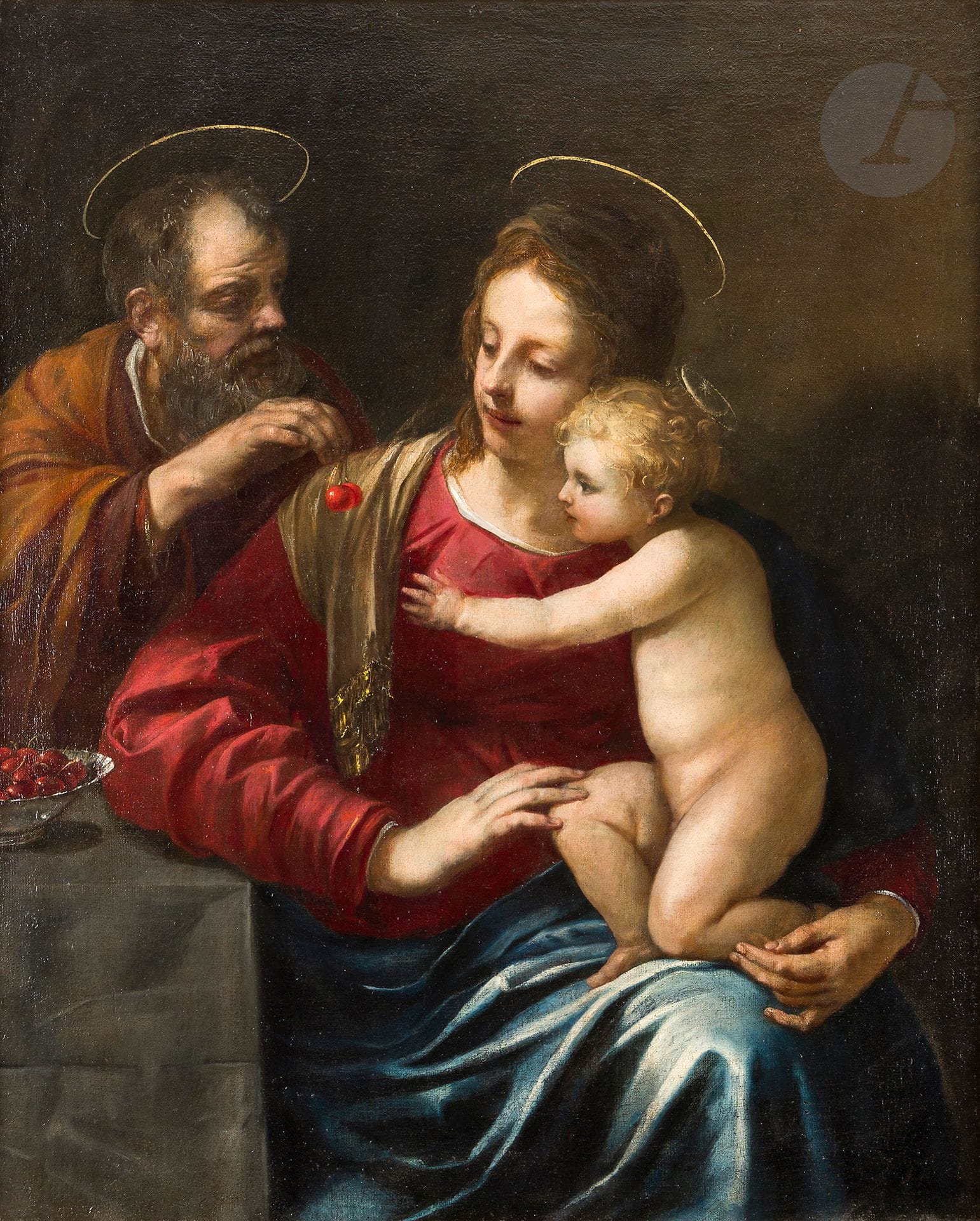 Jacques BLANCHARD (Paris, 1600 - 1638) 
La Sainte Famille au plat de cerises 
Toile 
94 x 76 cm 
(Restaurations anciennes) 

Nous rapprochons notre tableau de la composition du Repos de l'Enfant Jésus dit aussi la Sainte Famille à la bouillie (Toile, 91 x 124 cm) conservé à la Staatliche Kunsthalle de Karlsruhe et de La Sainte Famille avec sainte Elisabeth et saint Jean (cinq figures) (Toile, 76 x 109 cm) du Musée du Louvre. Les chaires lumineuses, la puissance des formes et les fonds neutres marqués par les ombres situent notre œuvre dans ses années parisiennes vers 1620, 1630. Le bleu brillant du drapé de la Vierge se retrouve dans La Mort de Lucrèce (Toile, 74 x 61 cm) du musée des Beaux-Arts de Nantes. Voir le catalogue de l'exposition Jacques Blanchard, Rennes, musée des Beaux-Arts, 6 mars - 8 juin 1998.